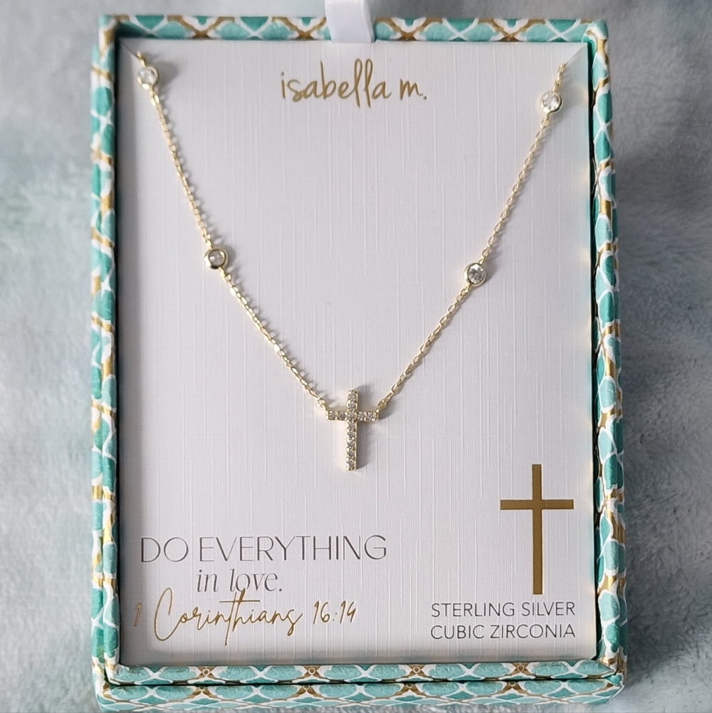 Gold on s925 Sterling Silver Cross Necklace with Satellite Cubic Zirconias NEW!